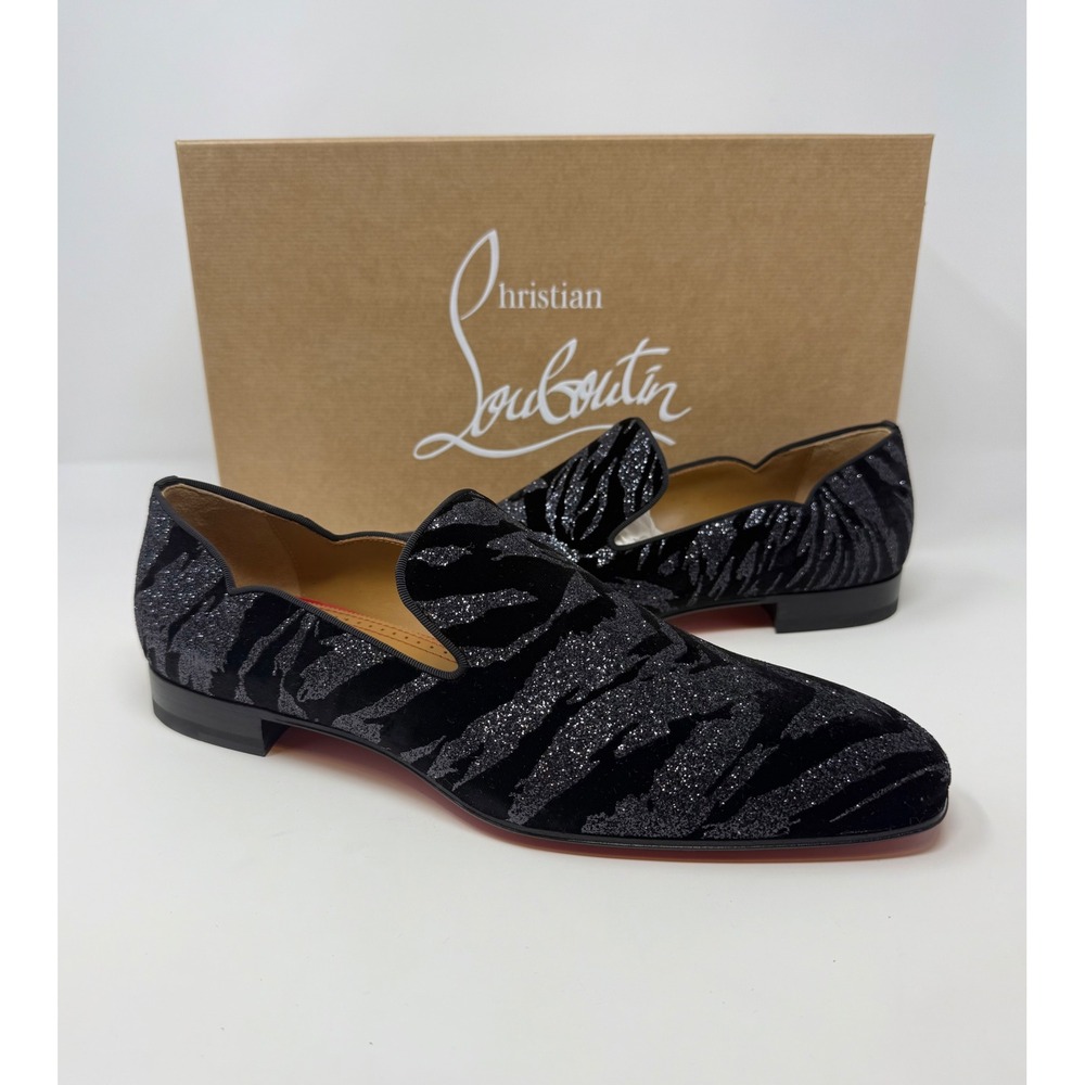 Christian Louboutin Dandy Chick Black Velvet Glitter Loafers Size 12 US 45 EU